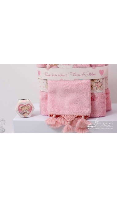 Trusou de botez cu ursuleti roz si inimioare Teddy Bear Pink Hearts 8